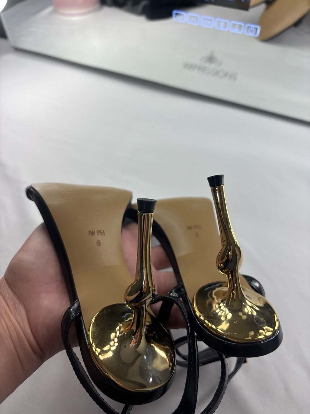 JW PEI Alivia Gold Metal Heel Sandals in Black - Picture 11 of 11